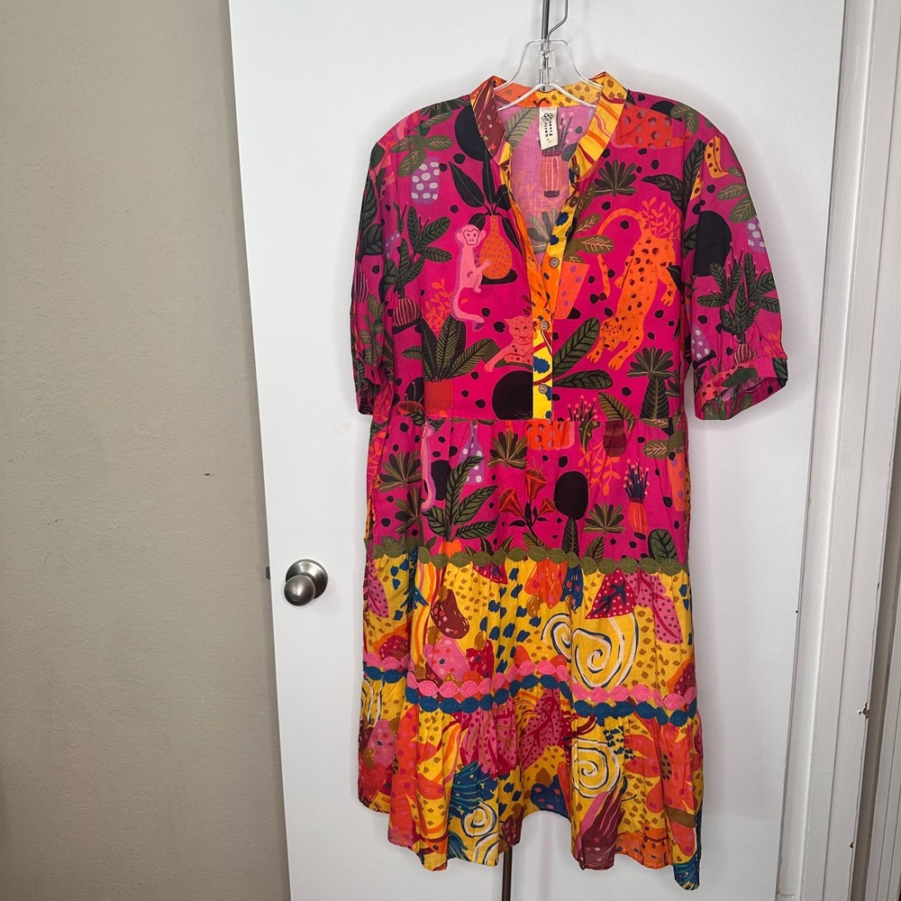 Uncle Frank Pink Jungle Safari Print Tiered Ric Rac Midi Dress Womens Large